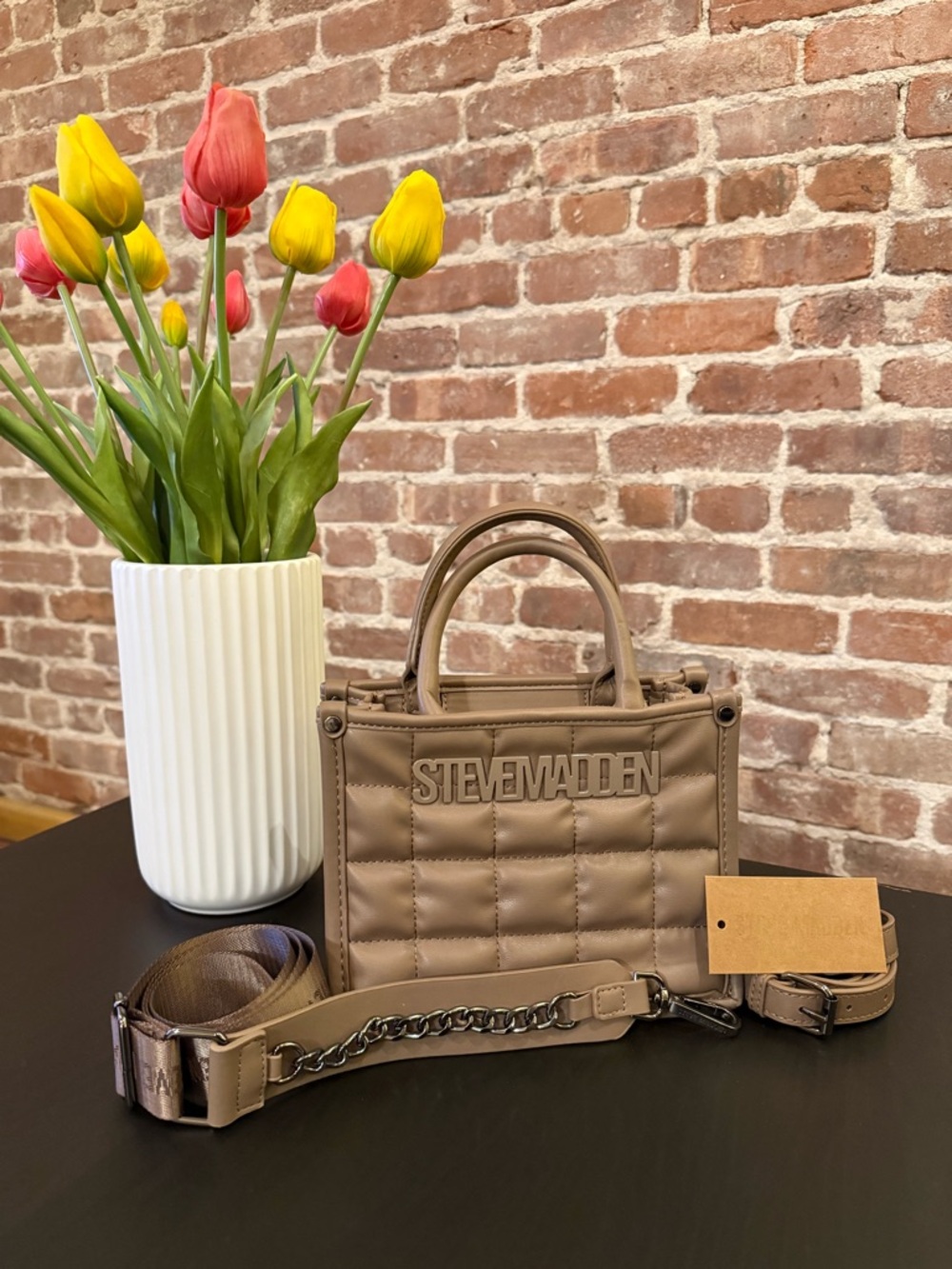 Steve Madden Quilted Top-Handle Purse with leather & chain-detail straps